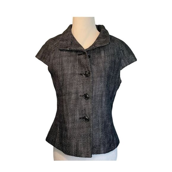 Banana Republic Tweed Cap Sleeve Blazer Black White Knit Front Button Tailored 2 - Picture 2 of 9